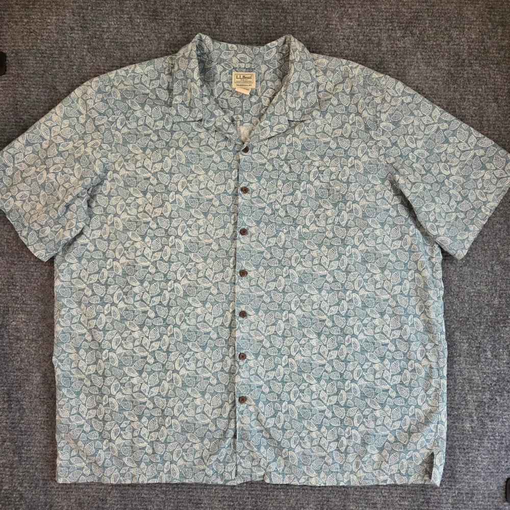 LL Bean Mens XXL Tall Blue Seashell Print Cotton Button Down Shirt Teal Resort